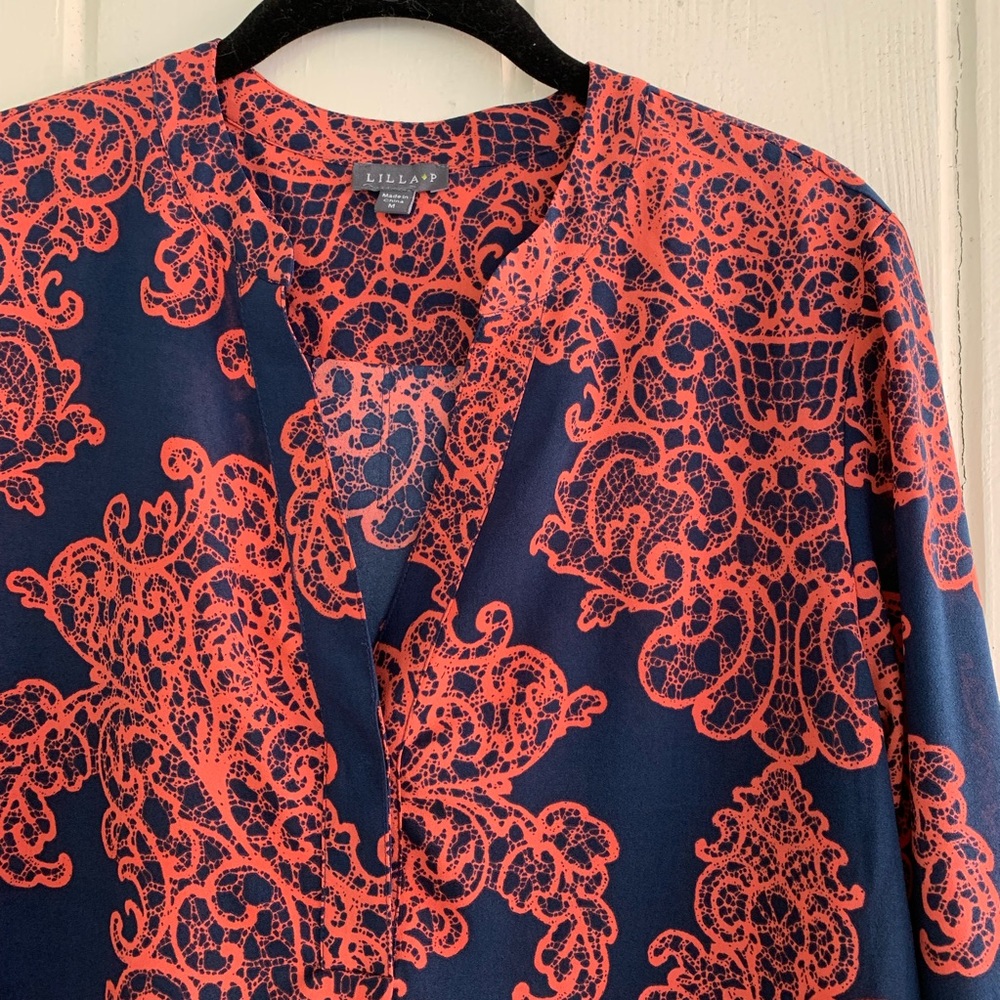 NWOT Lilla P. Navy and Pink Paisley Printed Blouse